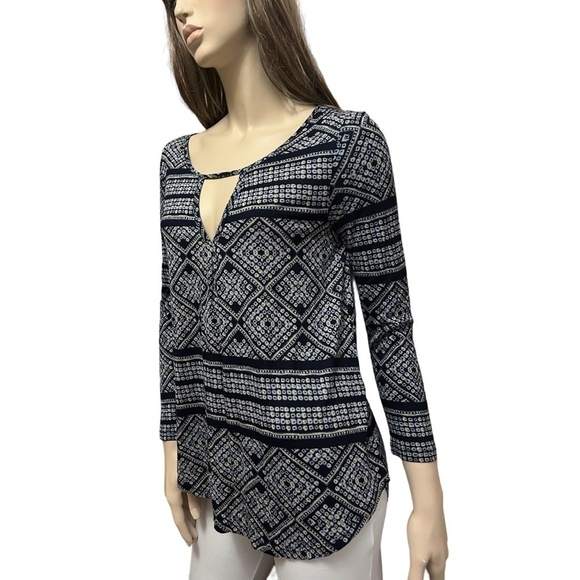 LUCKY BRAND Geometric Boho Blouse Top Shirt Plunge V-Neck Cutout Keyhole Rayon - Picture 6 of 16